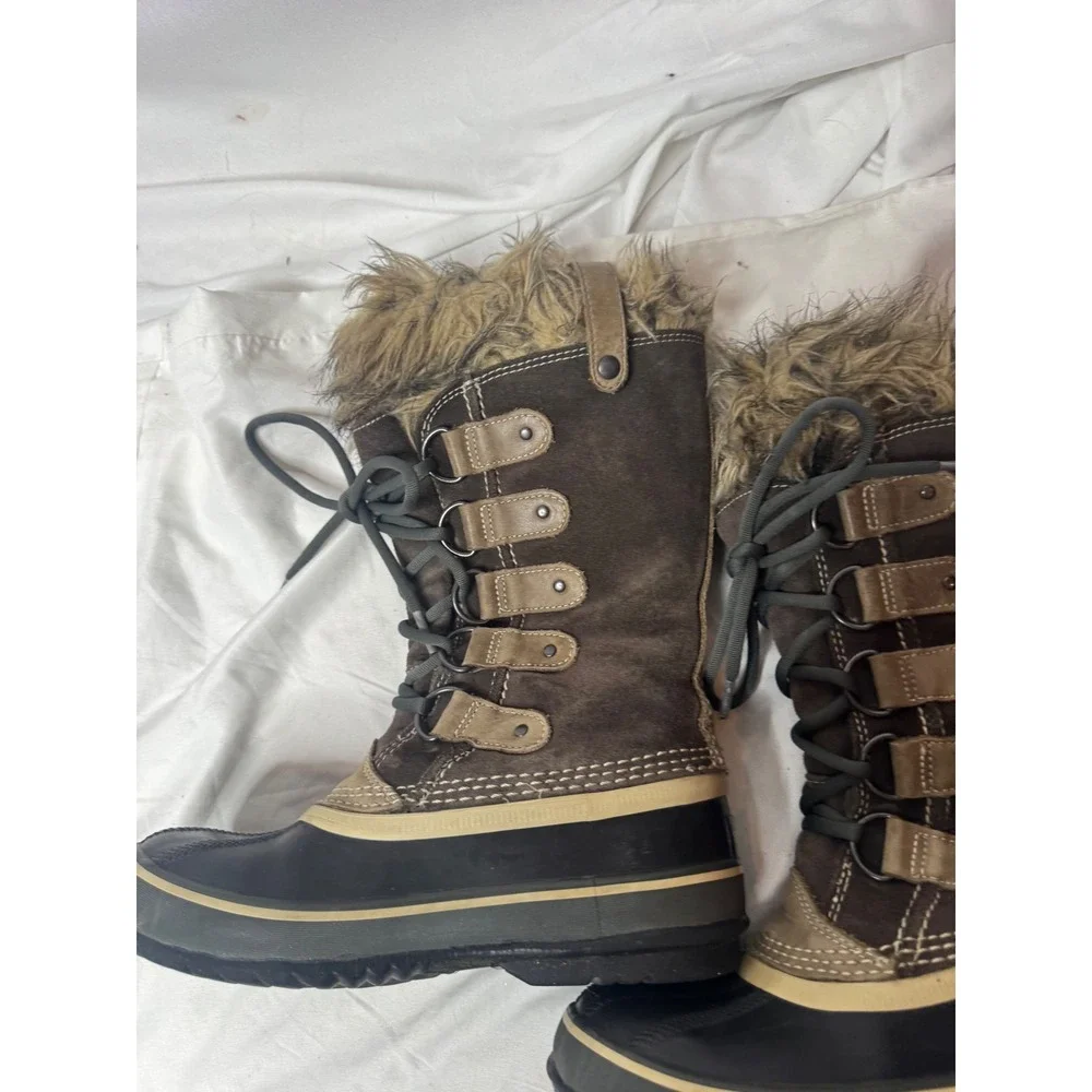 Sorel Joan of Arctic Brown Suede Waterproof Faux Fur Winter Snow Boots Womens.